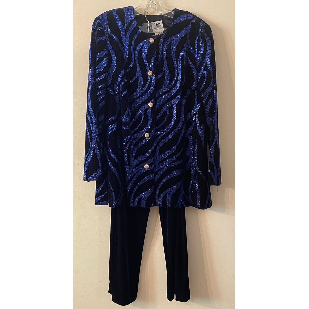 VINTAGE R&M Richard's Elegant Blue Glitter Wave Pattern Jacket Pants Set sz‎ 14